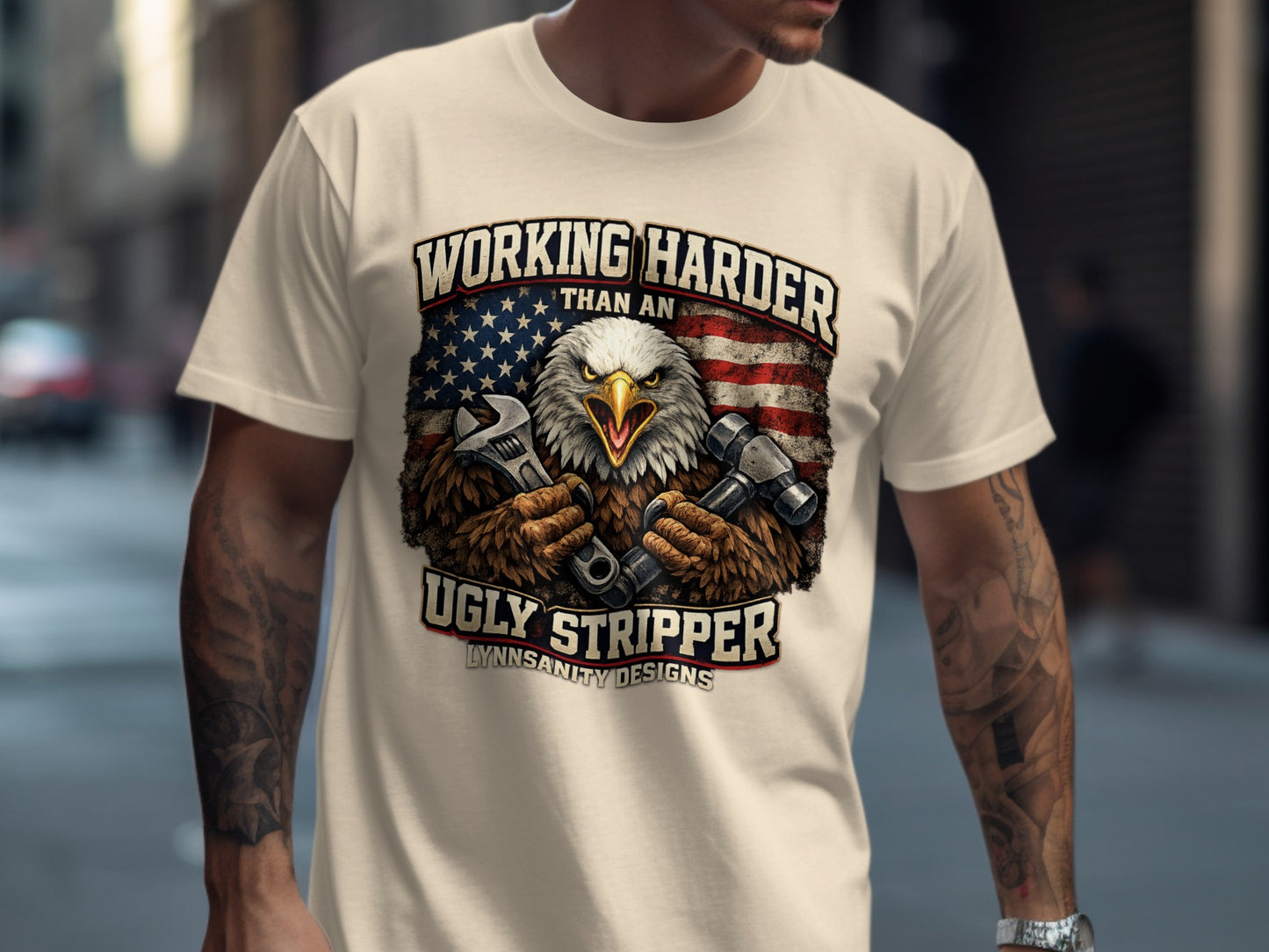 T-shirt with eagle, wrench, and American flag graphic.