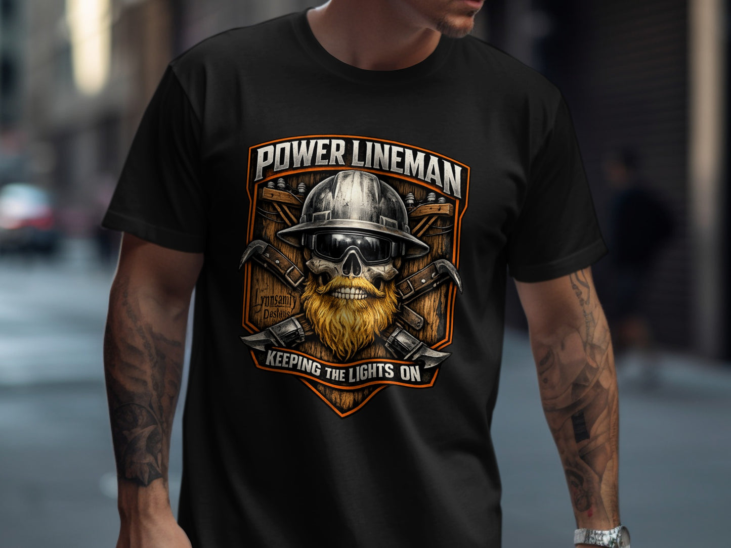 Power Lineman t-shirt with crossed hammers, helmet, and beard graphic.