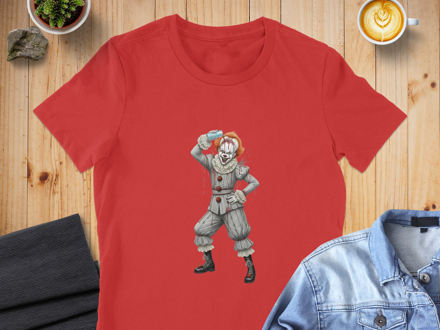 Red t-shirt with cartoon Pennywise holding a blue balloon.