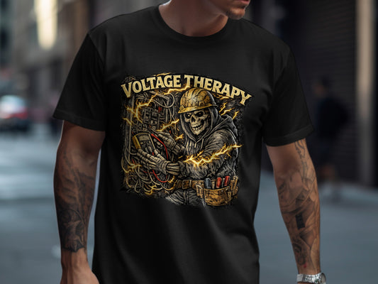 Skull wearing hard hat, holding electrical meter, on black t-shirt.
