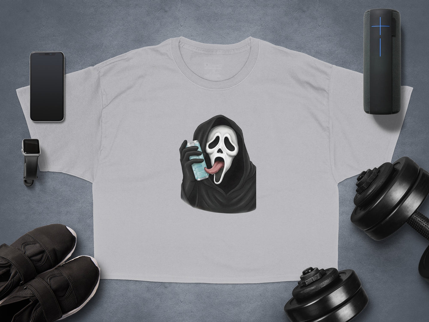Grey t-shirt with Ghostface drinking from a can with its tongue out.