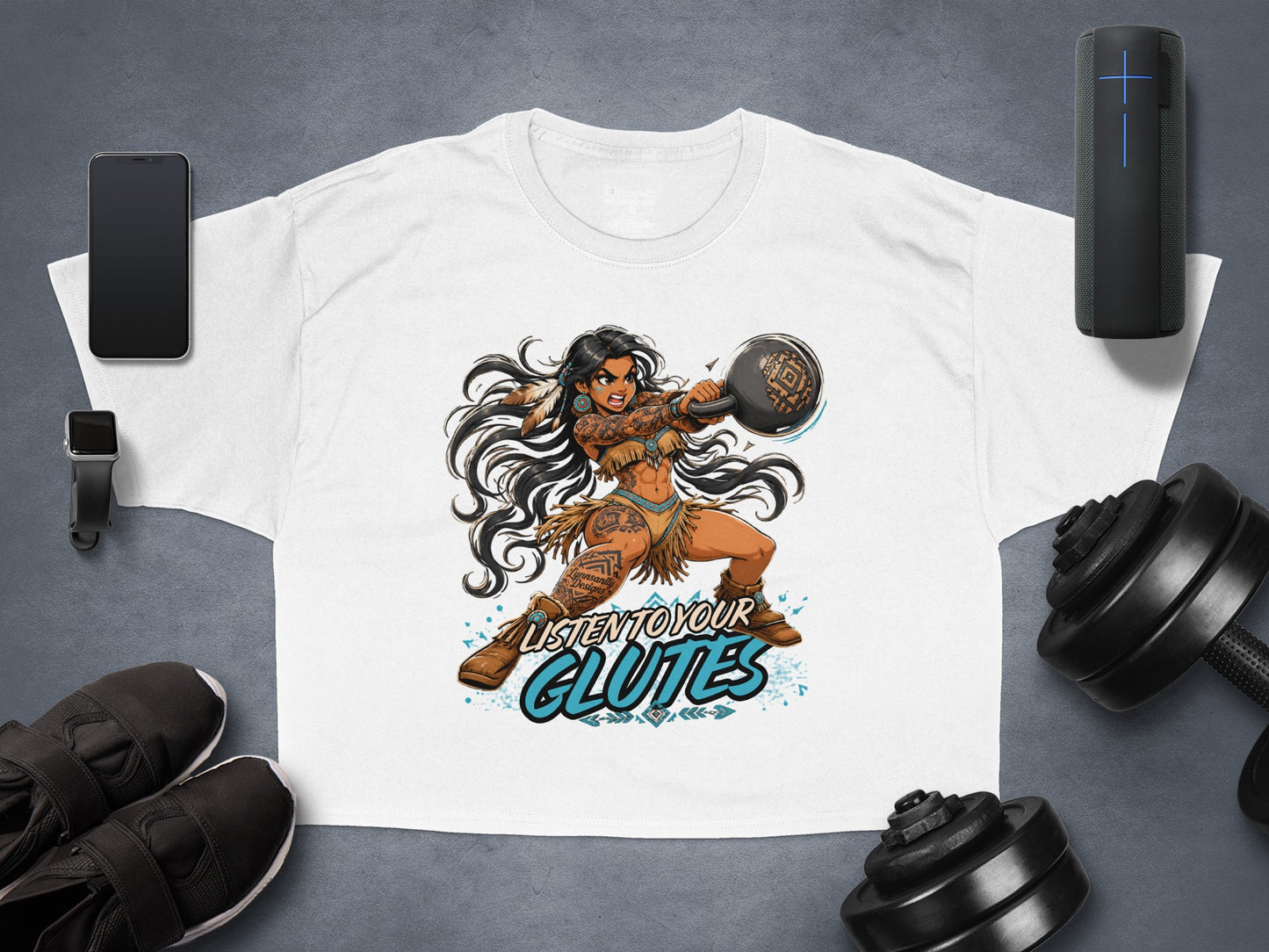 T-shirt with cartoon woman lifting a kettlebell and text "Listen to your glutes".