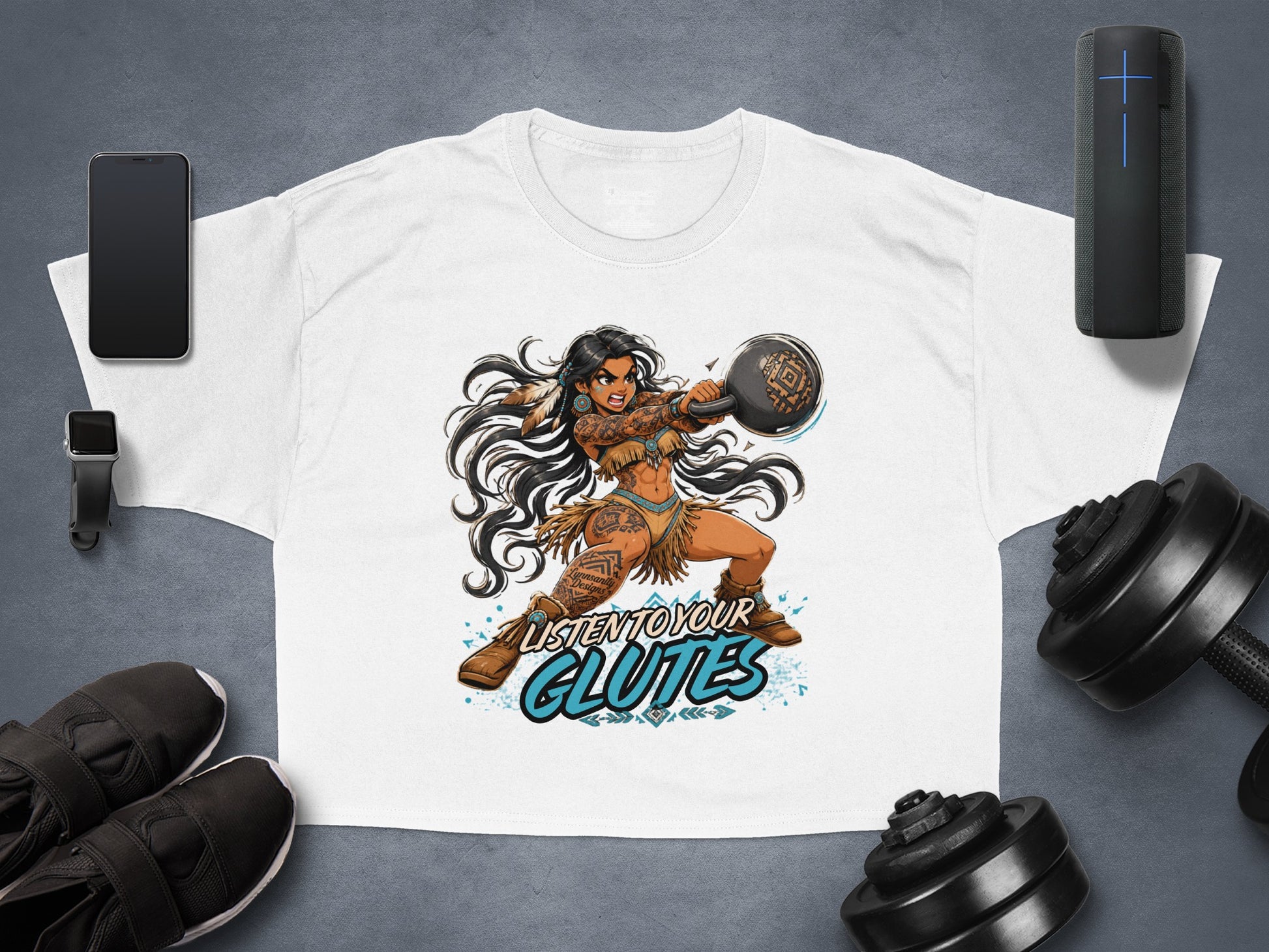 T-shirt with cartoon woman lifting a kettlebell and text "Listen to your glutes".