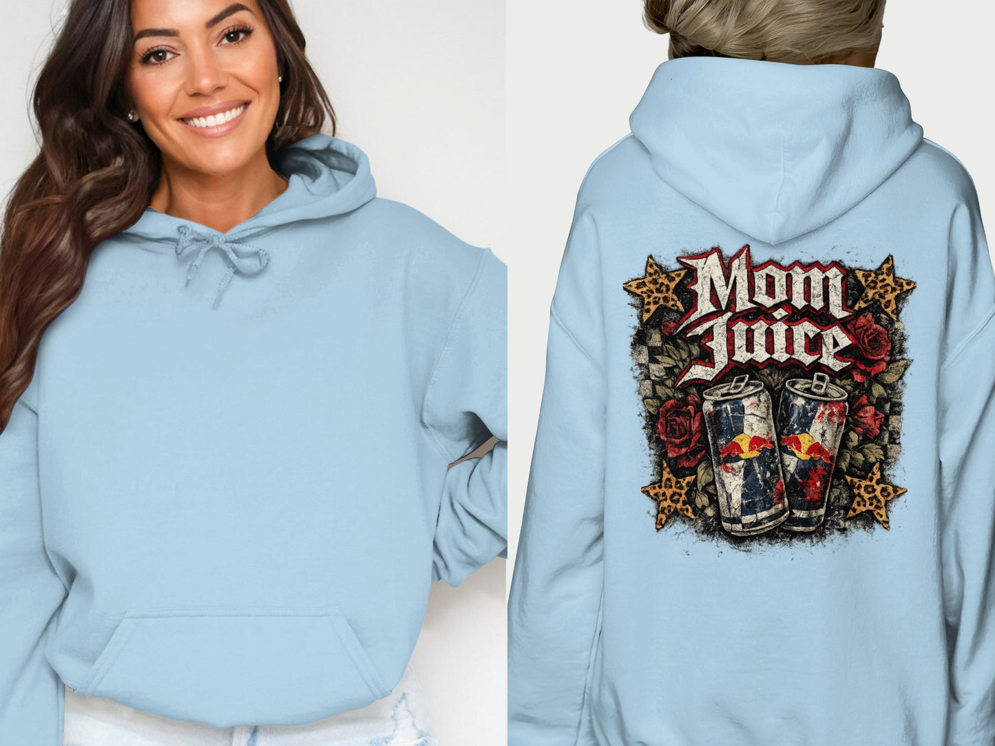 Light blue hoodie with "Mom Juice" and two soda cans graphic.