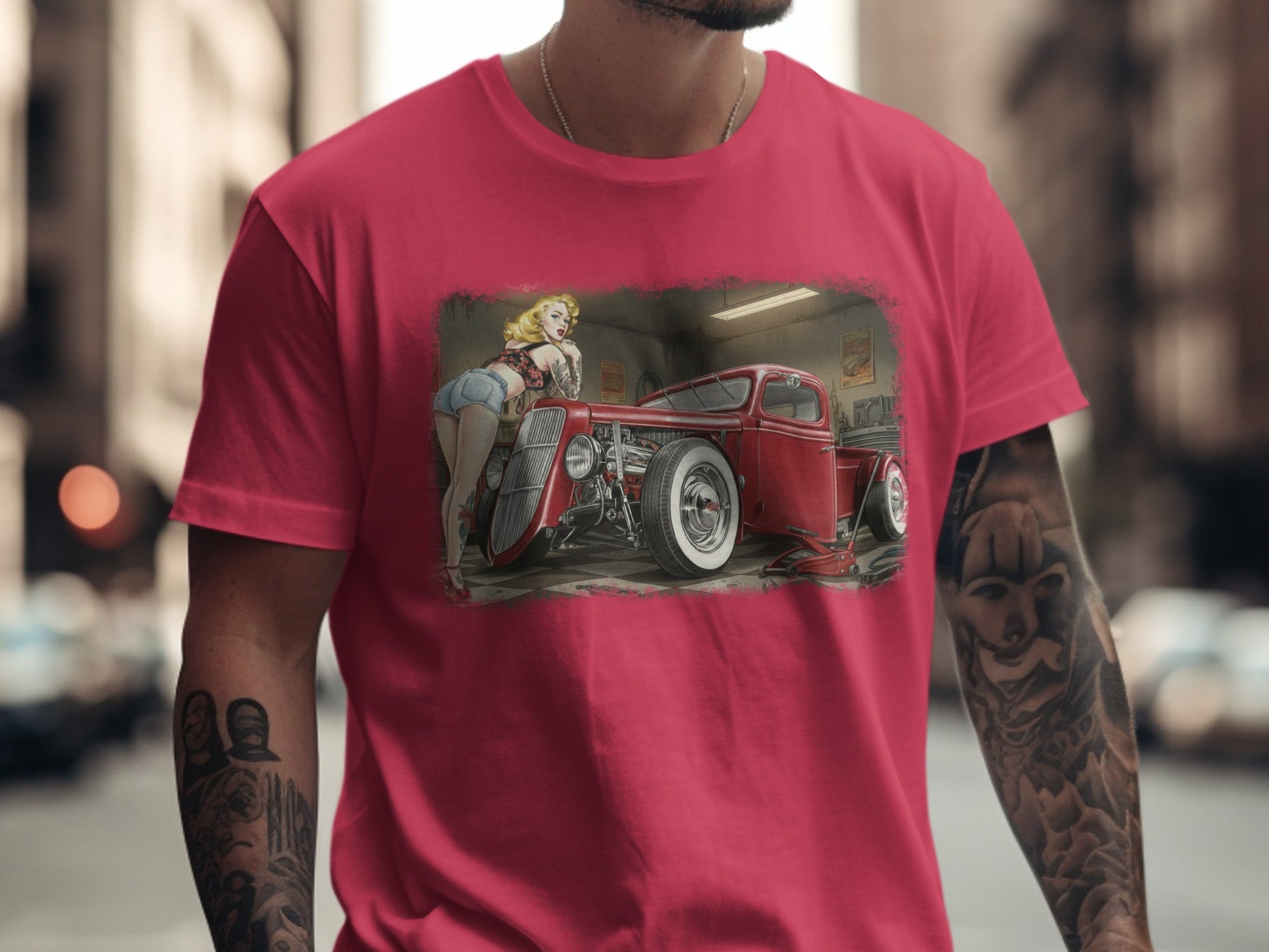 Red hot rod truck with blonde woman in denim shorts leaning on it.