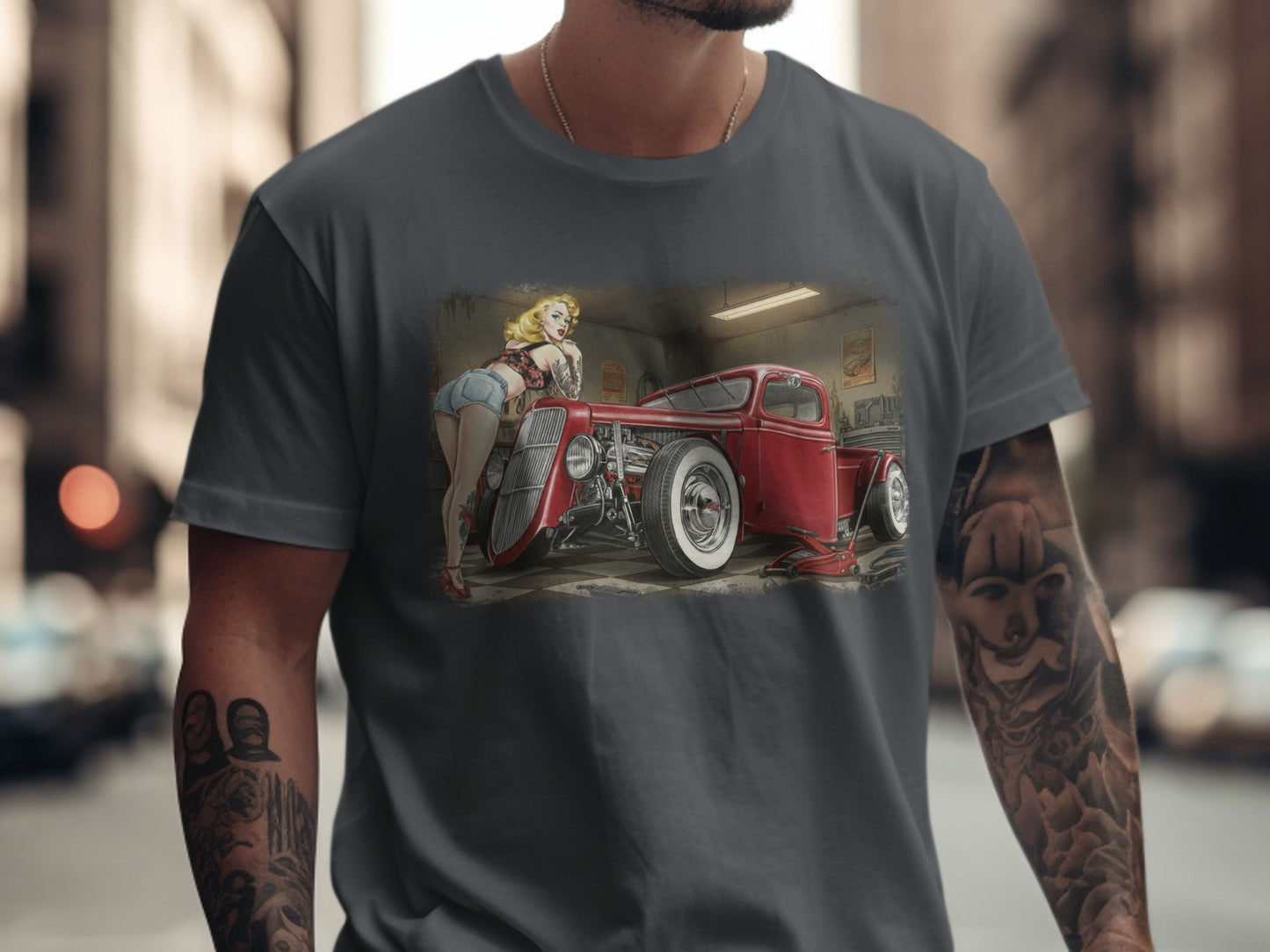 Red hot rod truck with a pin-up girl in a garage.