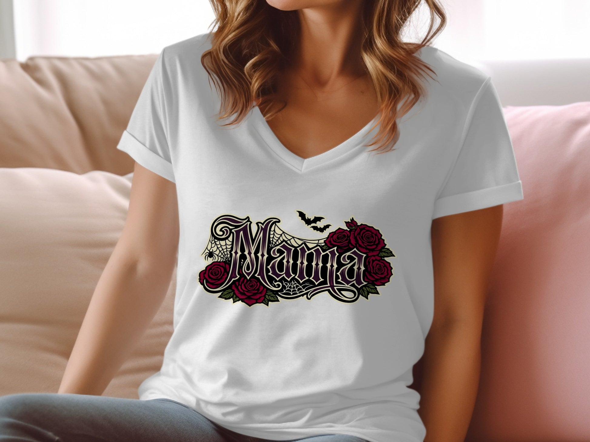 White v-neck t-shirt with "Mama" text design and roses.