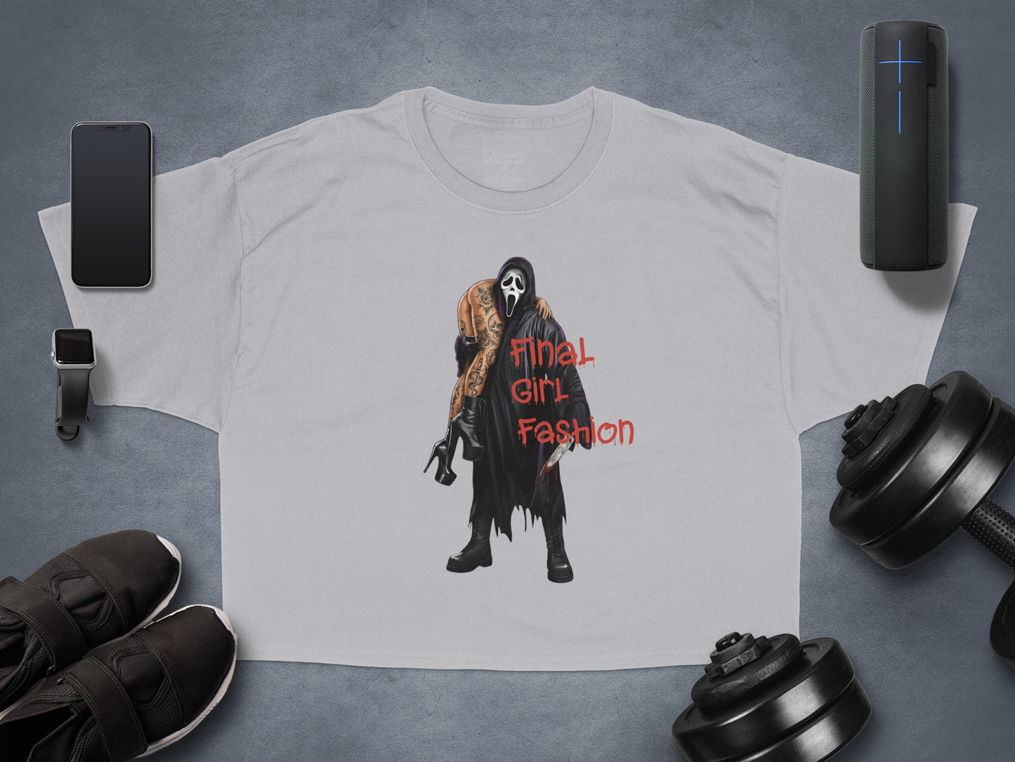 Gray t-shirt with "Final Girl Fashion" and Ghostface holding a woman.