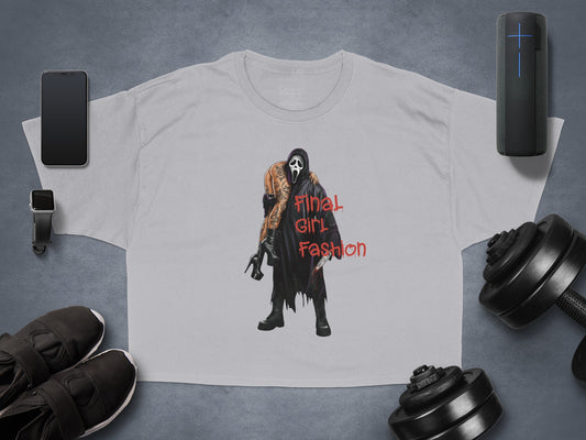 Gray t-shirt with "Final Girl Fashion" and Ghostface holding a woman.