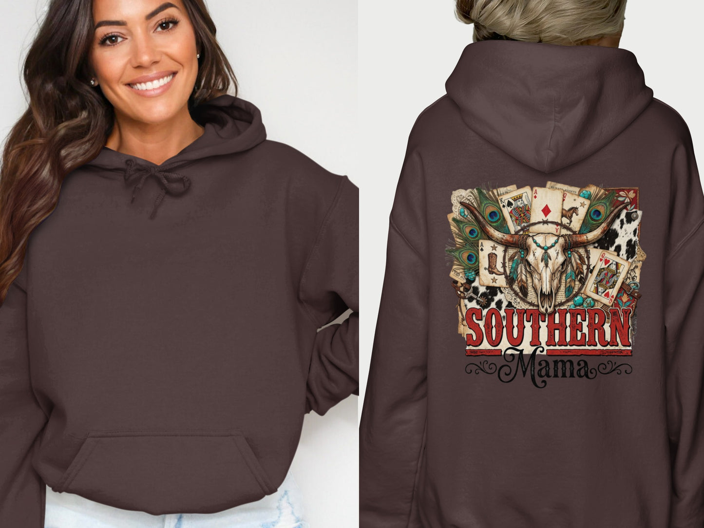 Brown hoodie with Southern Mama skull graphic featuring feathers and playing cards.