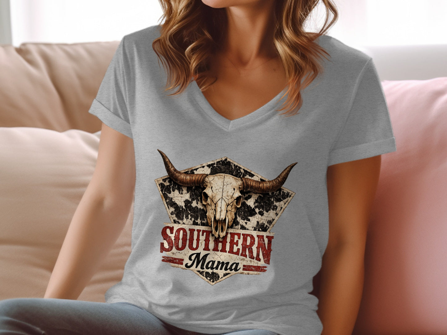 Grey v-neck t-shirt featuring a cow skull and "Southern Mama" text.