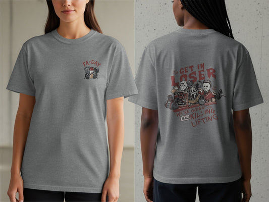 Grey t-shirt with horror movie characters lifting weights on back.
