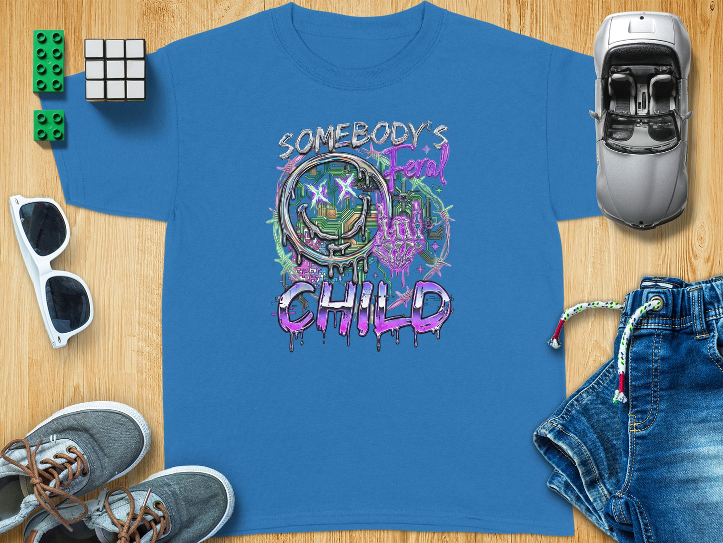 Somebody's Feral Child Glitchy Smiley Neon Graphic product type