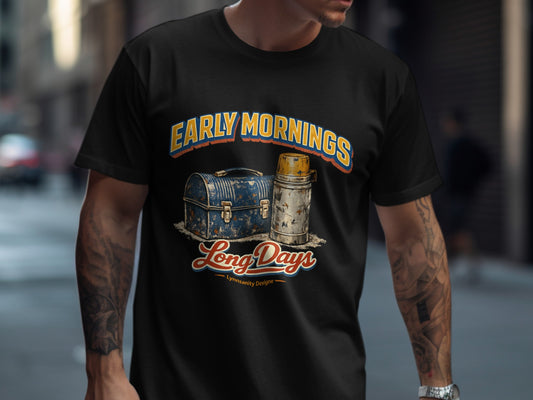 T-shirt with "Early Mornings Long Days" and lunchbox/thermos graphic.
