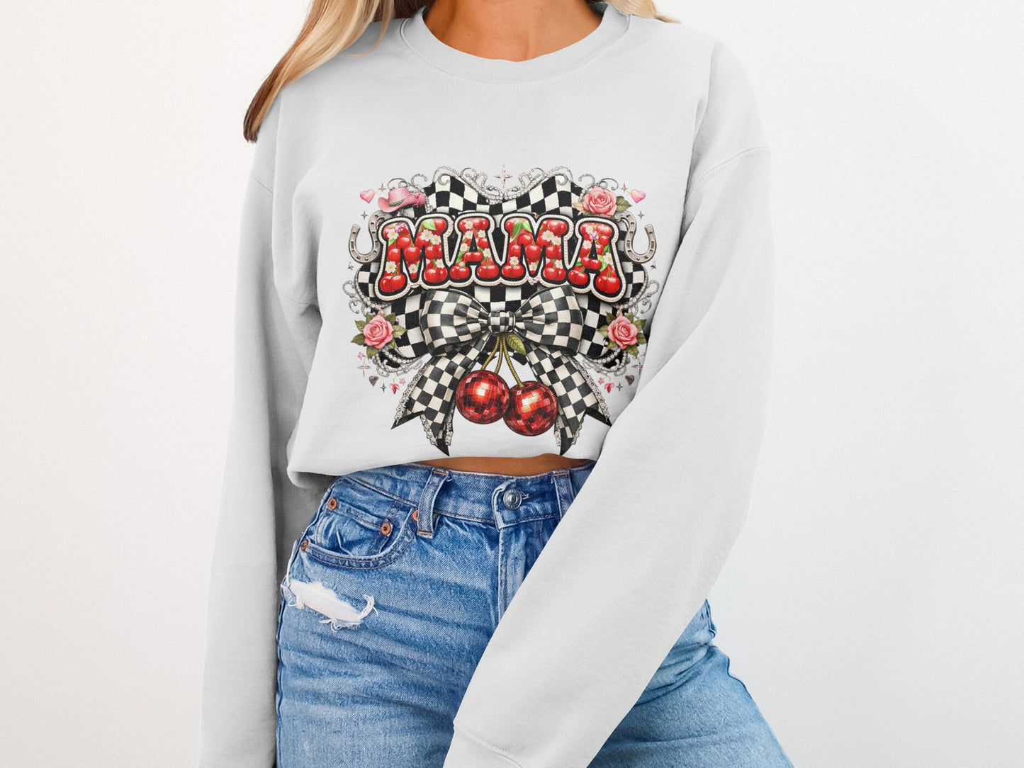 White sweatshirt with "Mama" in checkered text and cherries.