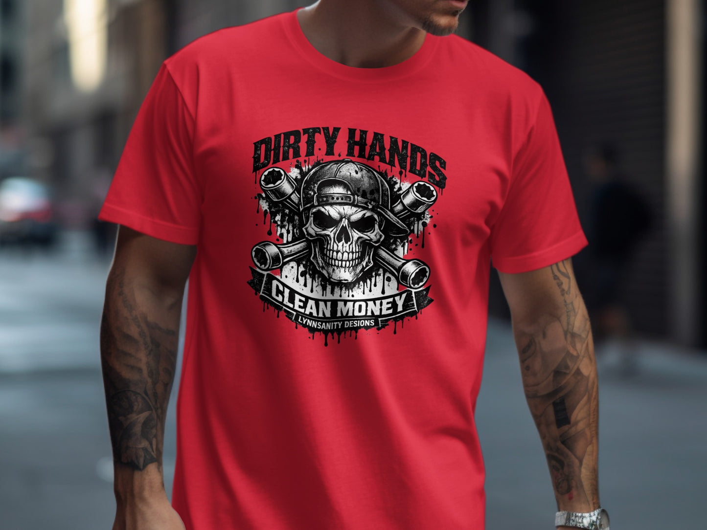 Red t-shirt with a skull, wrenches, and "Dirty Hands Clean Money" text.