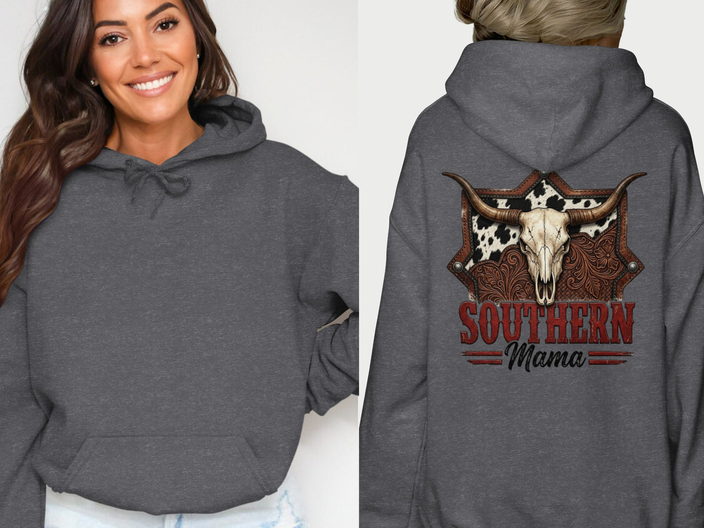 Dark gray hoodie with "Southern Mama" and a cow skull graphic on the back.