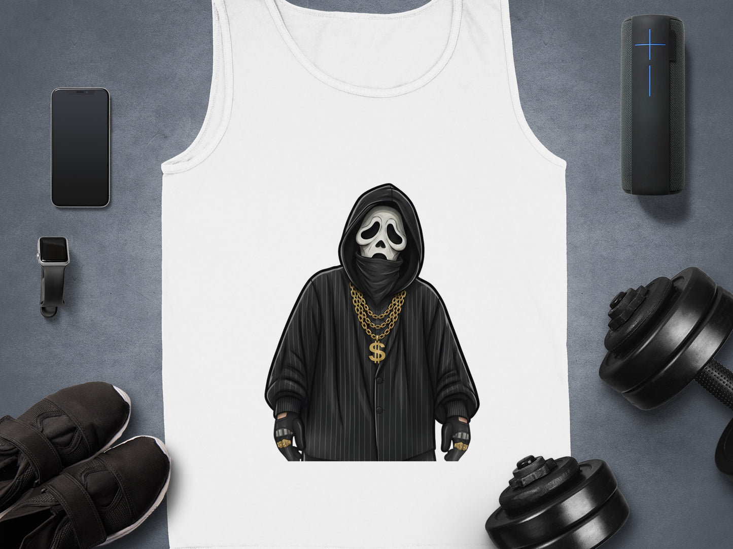 Tank top with Ghostface character in black hoodie and gold chain.