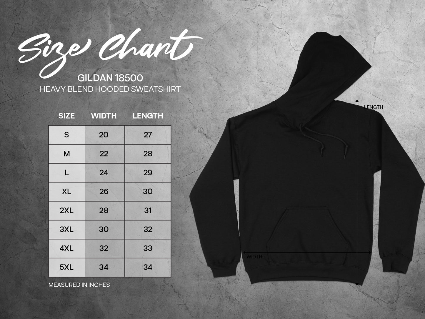 GILDAN 18500 Hooded Sweatshirt Size Chart product type