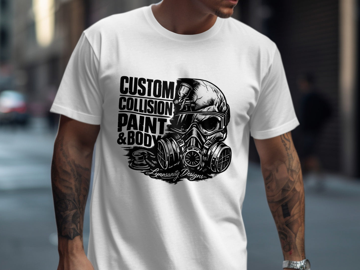 White t-shirt with skull wearing gas mask and "Custom Collision Paint & Body" text.