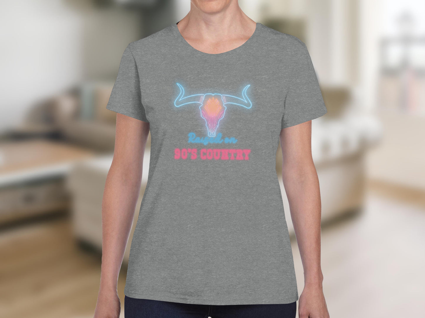 Neon Bull Skull Raised on 90's Country Gray Tee product type
