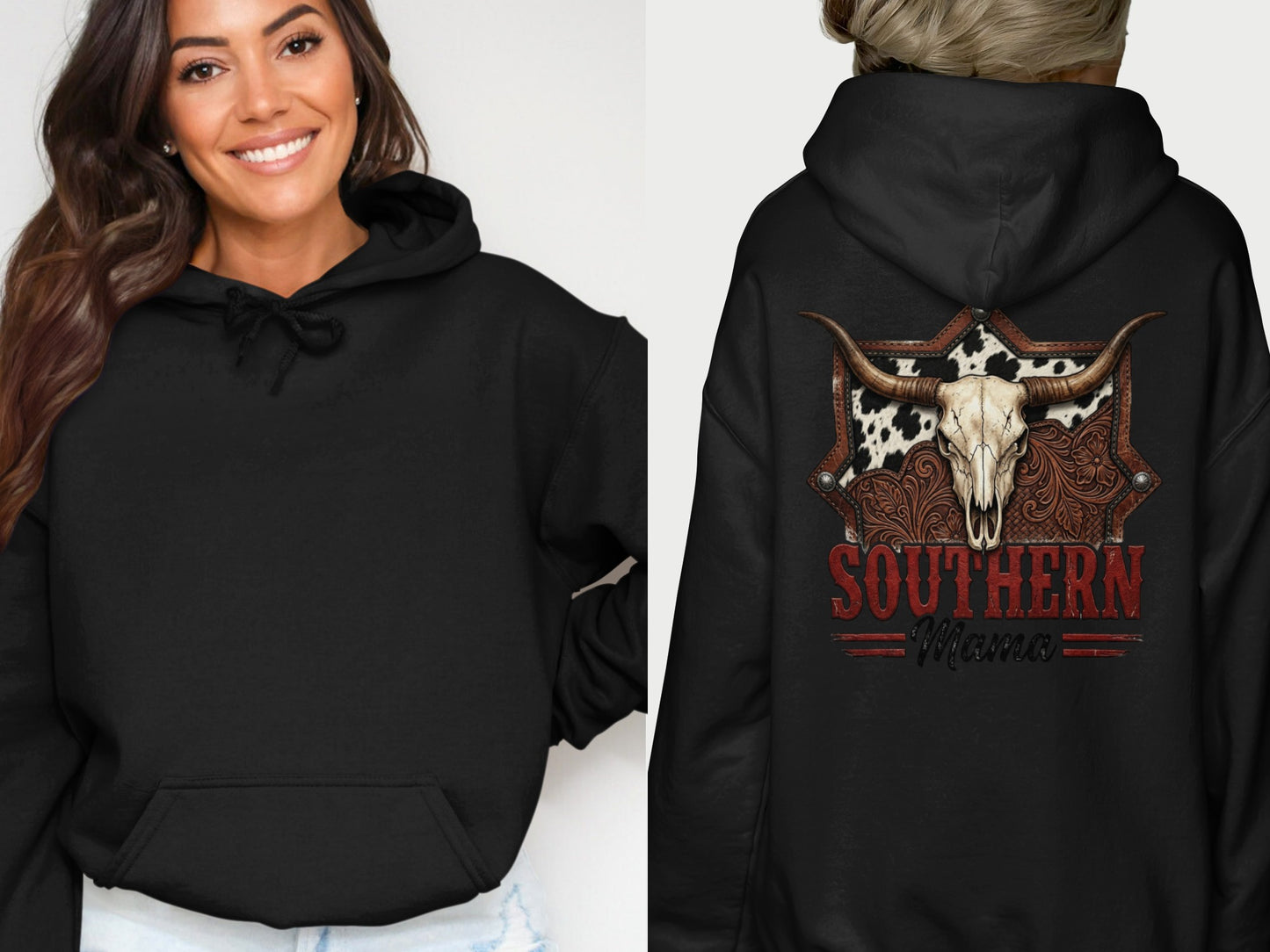 Black hoodie with "Southern Mama" text and cow skull graphic on back.
