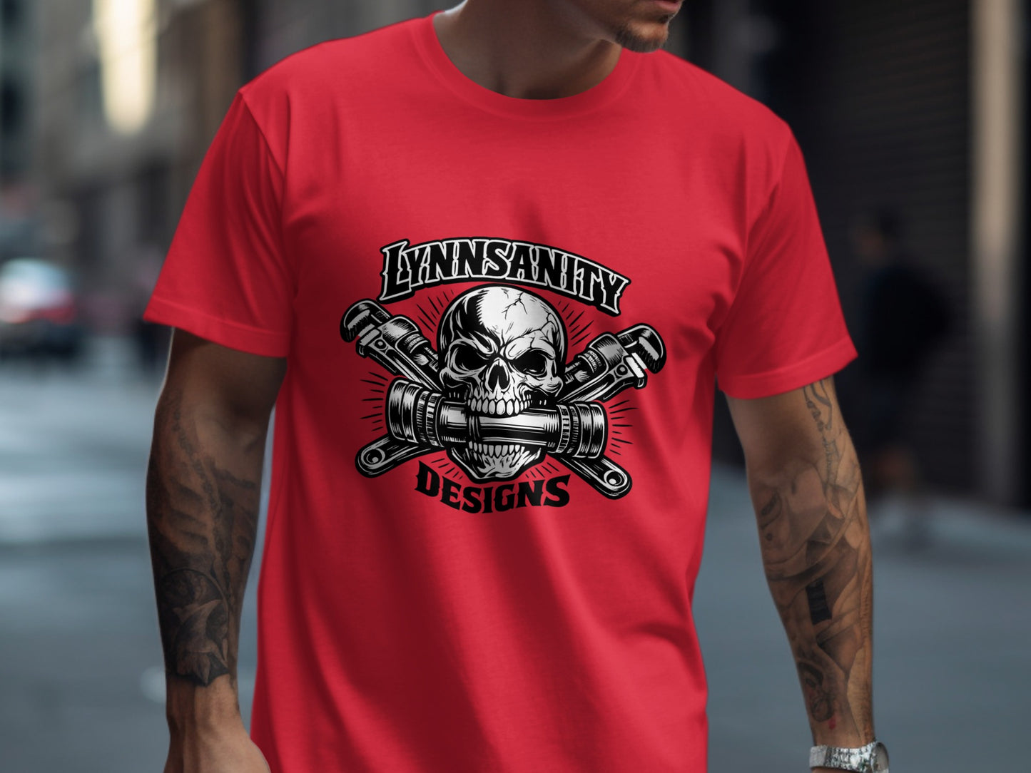 Skull with crossed wrenches and "Lynnsanity Designs" text on red t-shirt.