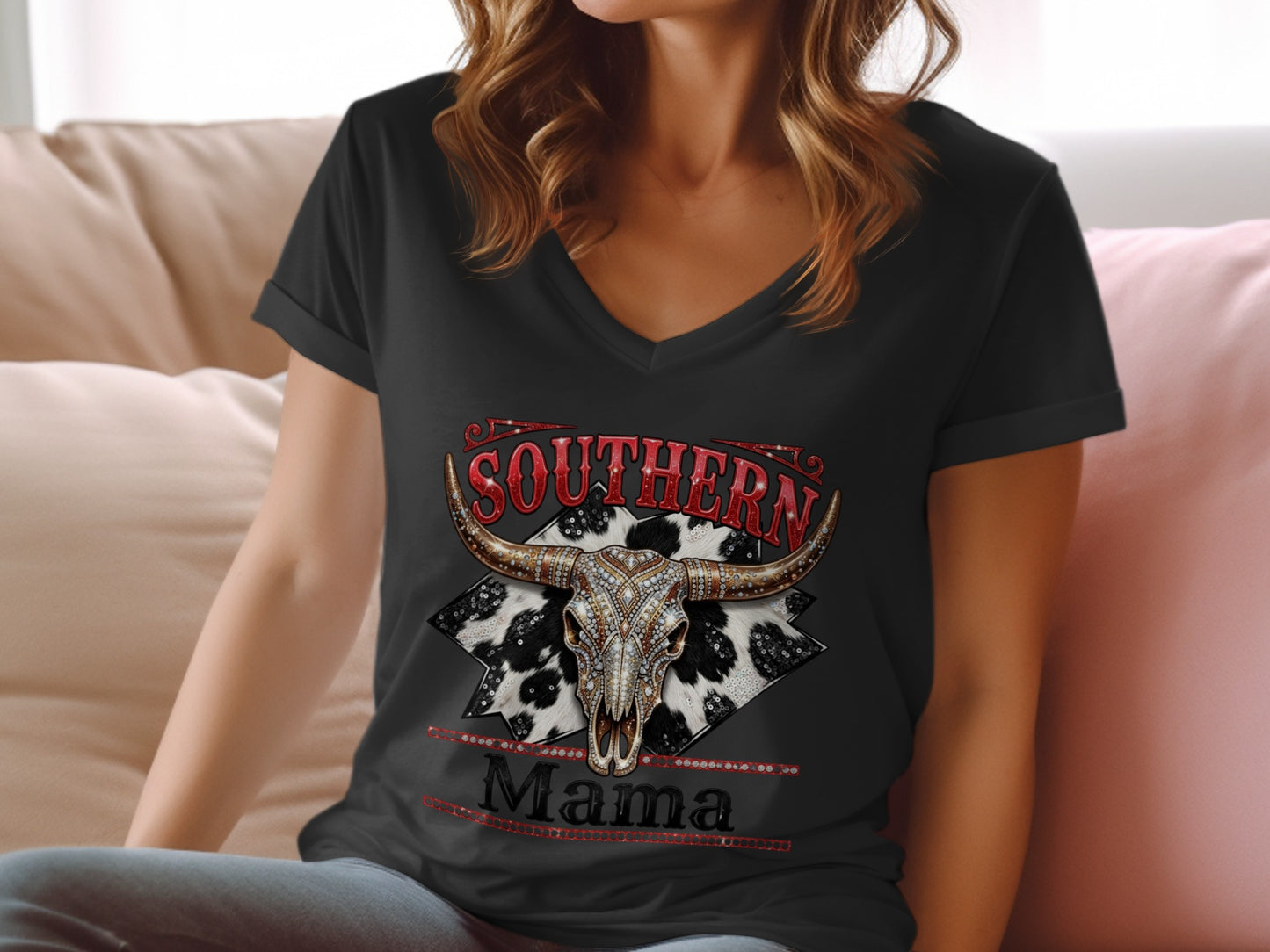 Black V-neck t-shirt with "Southern Mama" and diamond-accented bull skull graphic.