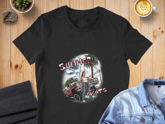 Black t-shirt with "Summer Nights" text and a woman by a classic car.