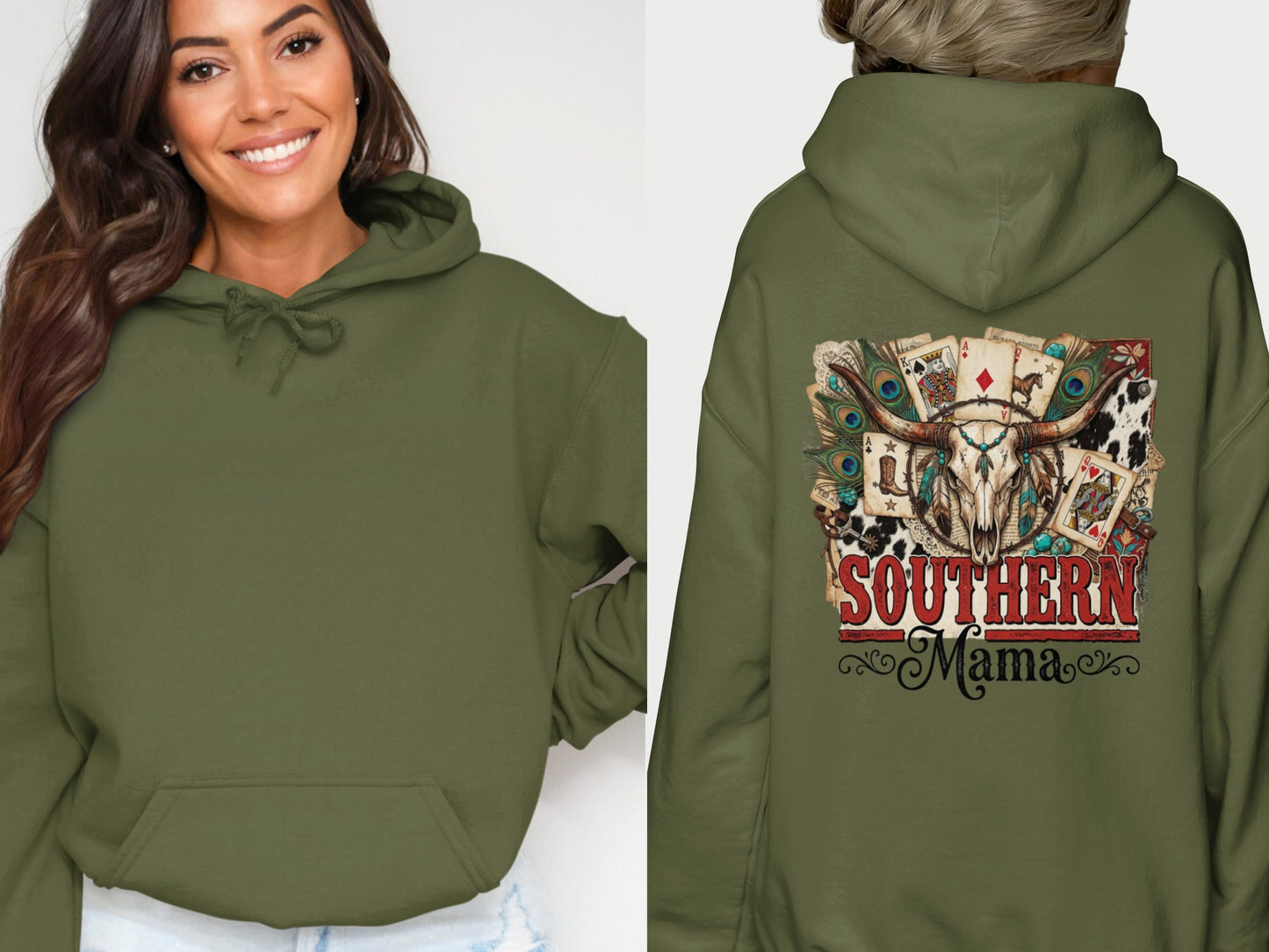 Olive green hoodie with skull, feathers, and playing cards graphic on back.