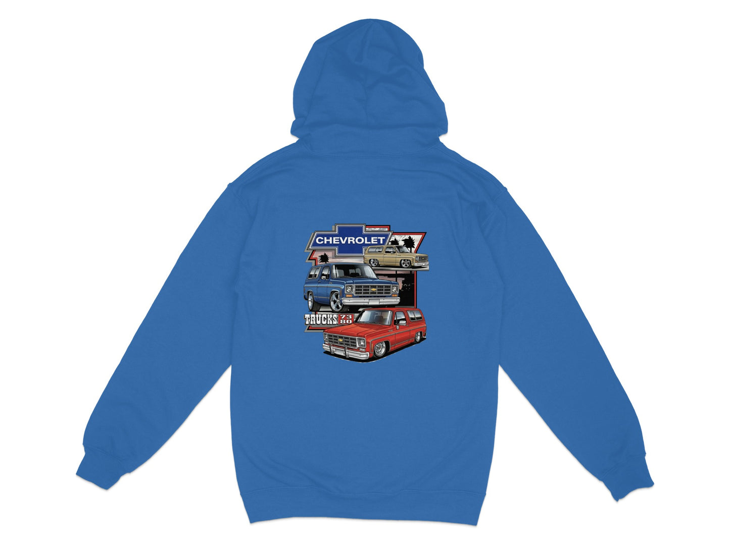 Blue hoodie with vintage Chevrolet truck graphic.