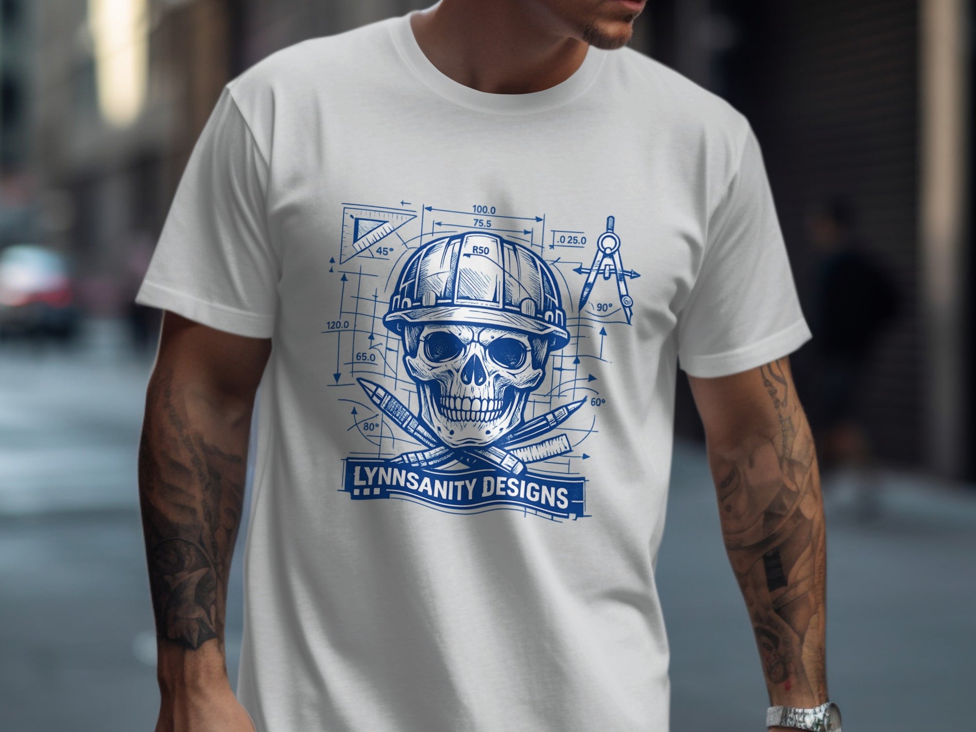 T-shirt graphic featuring a skull with blueprints and the text LYNNSANITY DESIGNS.