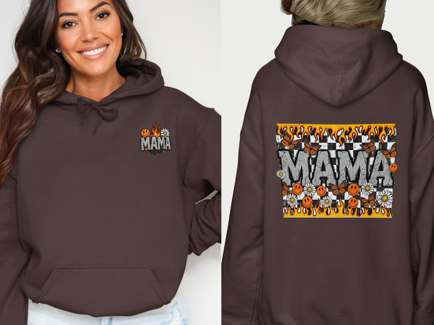 Brown hoodie with "Mama" and retro checkered, butterfly, and floral graphic.