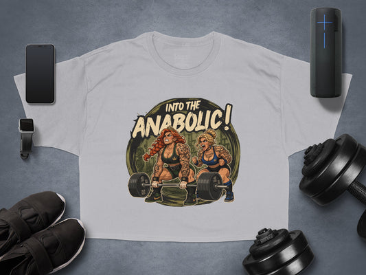 Two women lifting weights with "Into the Anabolic!" text on a grey t-shirt.