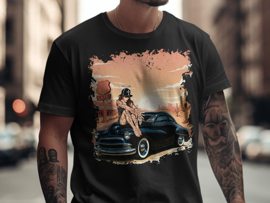 Tattooed woman sits on classic black car with Route 66 border.