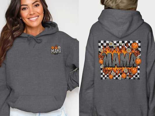 Dark gray hoodie with "MAMA" text, flames, butterflies, and checkerboard design.