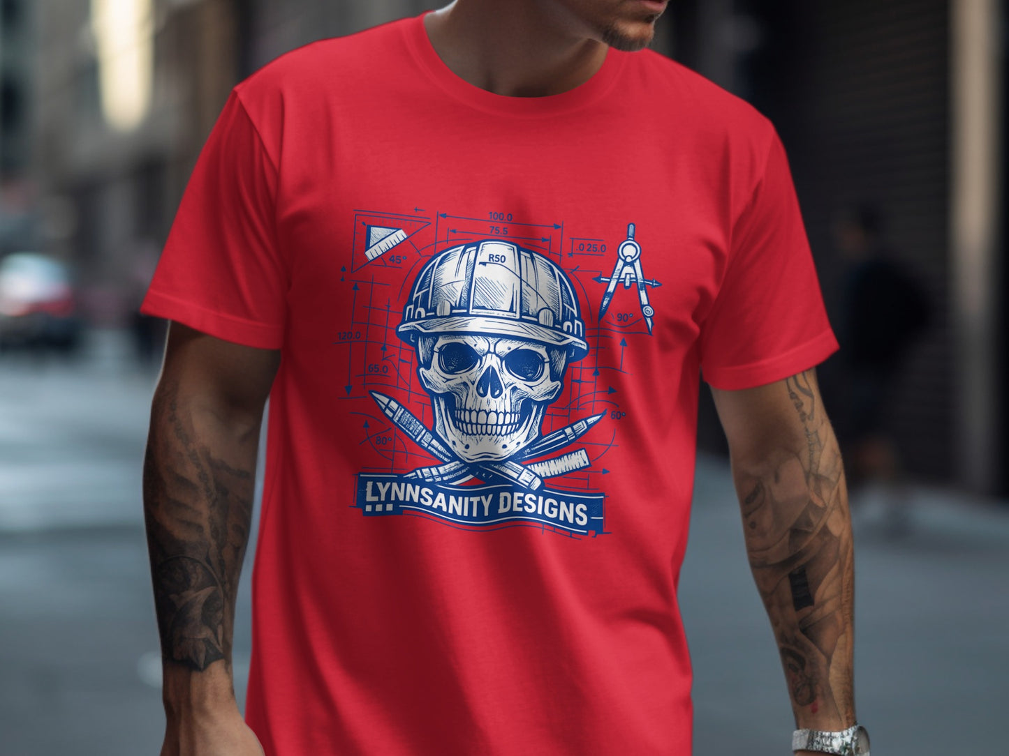 Skull wearing hard hat, crossed bullets, and technical drawings; Lynnsanity Designs logo.