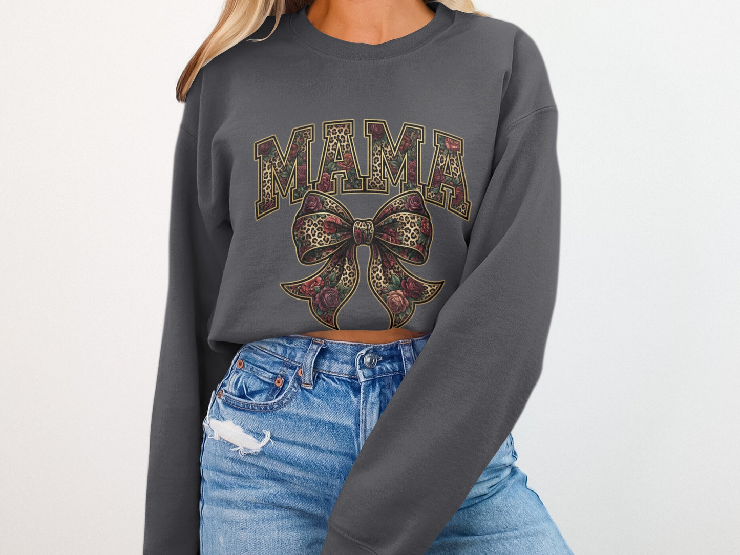 Gray sweatshirt with "MAMA" text, floral bow, and leopard print.