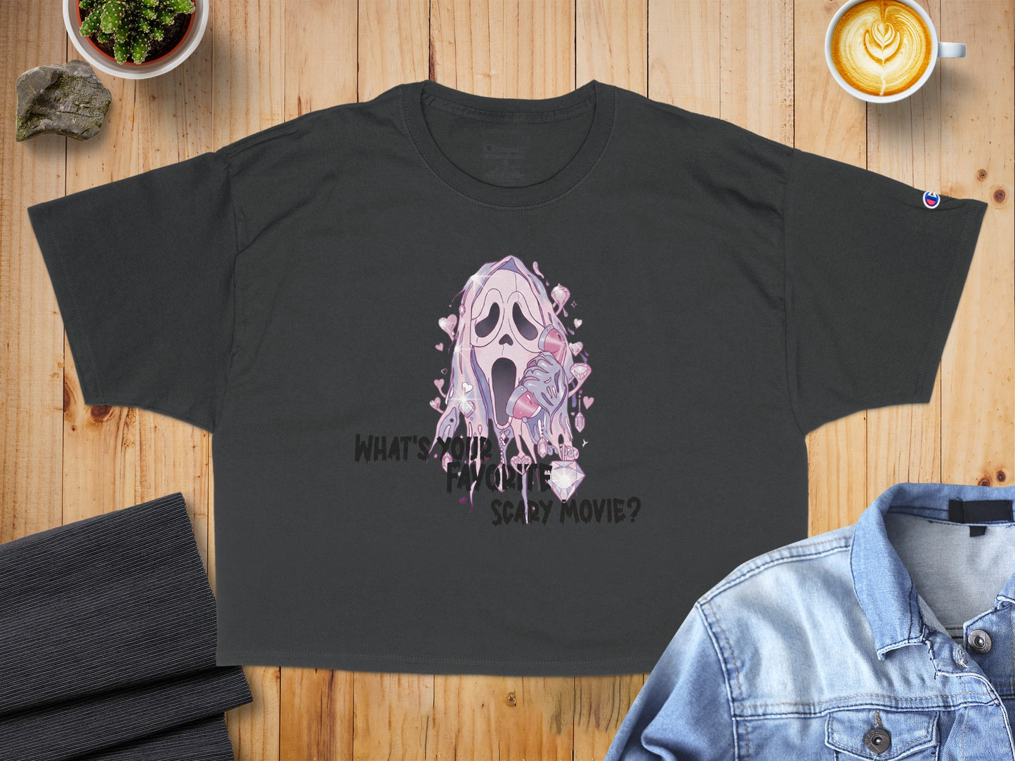 Dark t-shirt with Ghostface character asking "What's your favorite scary movie?".