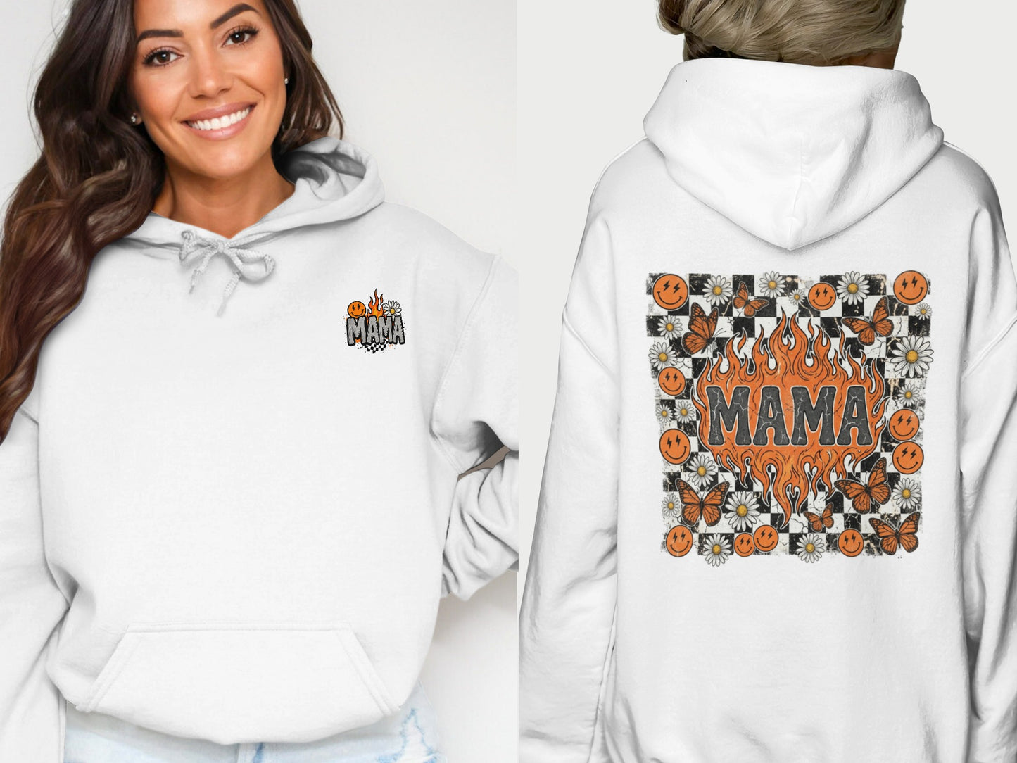White hoodie with "Mama" text, butterflies, and flames graphic on back.