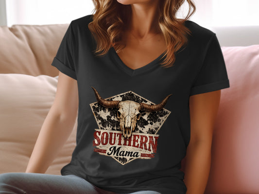 Black v-neck t-shirt with cow skull and "Southern Mama" text.
