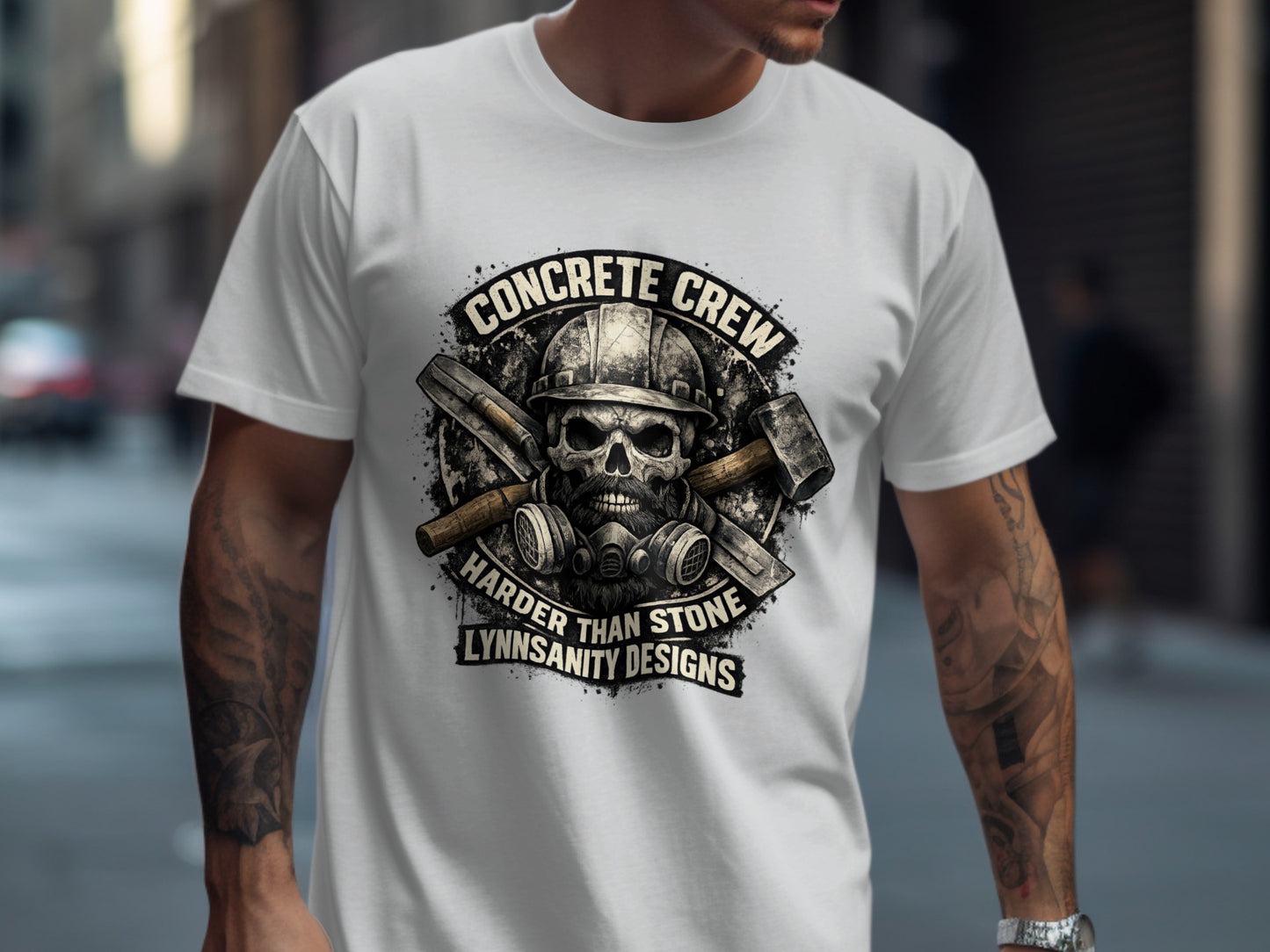 White t-shirt with skull, hard hat, mask, and crossed hammers graphic.
