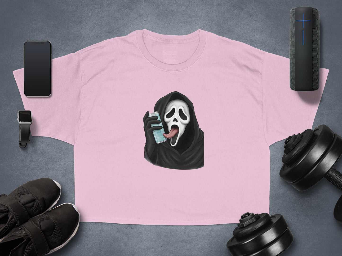 Pink t-shirt with Ghostface from Scream drinking a soda.
