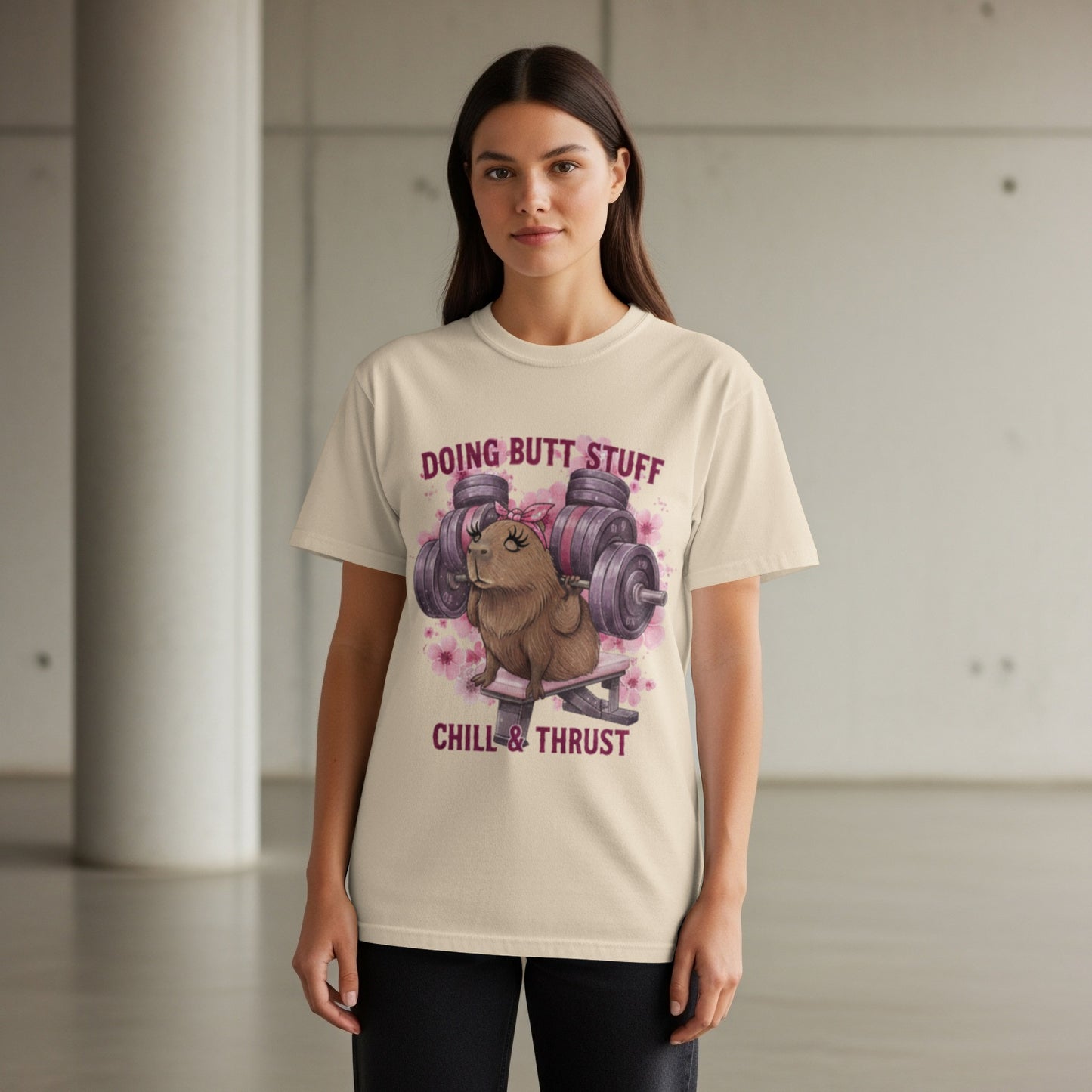 Capybara wearing a bow lifting weights with text "Doing Butt Stuff Chill & Thrust".
