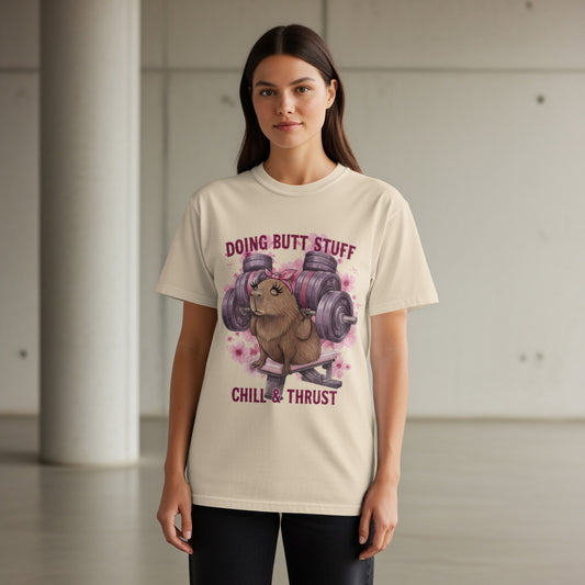 Capybara wearing a bow lifting weights with text "Doing Butt Stuff Chill & Thrust".