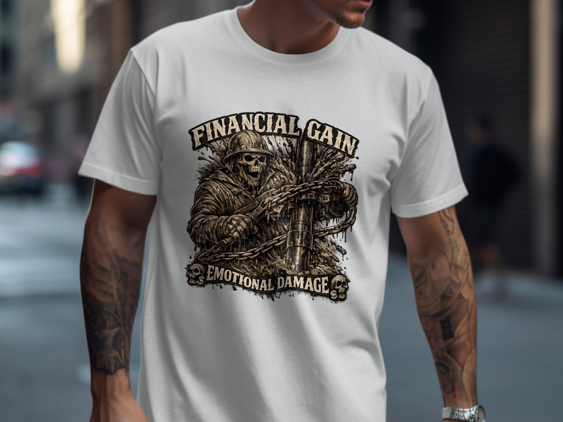White t-shirt with skull in armor, chains, and text "FINANCIAL GAIN EMOTIONAL DAMAGE".