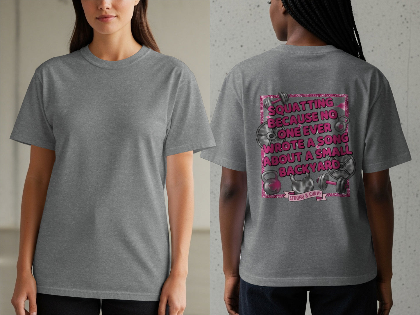 Grey t-shirt with pink distressed rectangle graphic and text about squatting.