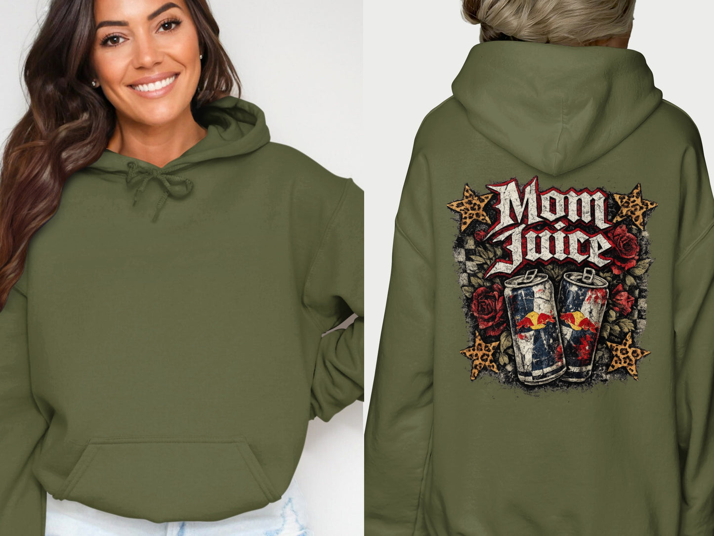 Olive green hoodie with "Mom Juice" graphic featuring cans, roses, and leopard print.