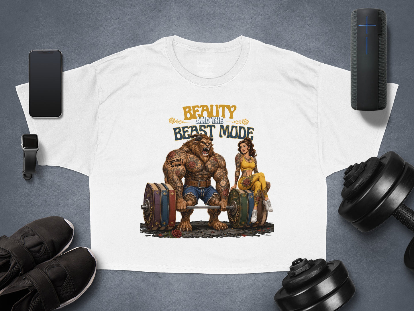 T-shirt with "Beauty and the Beast Mode" text and muscular beast and woman lifting weights.