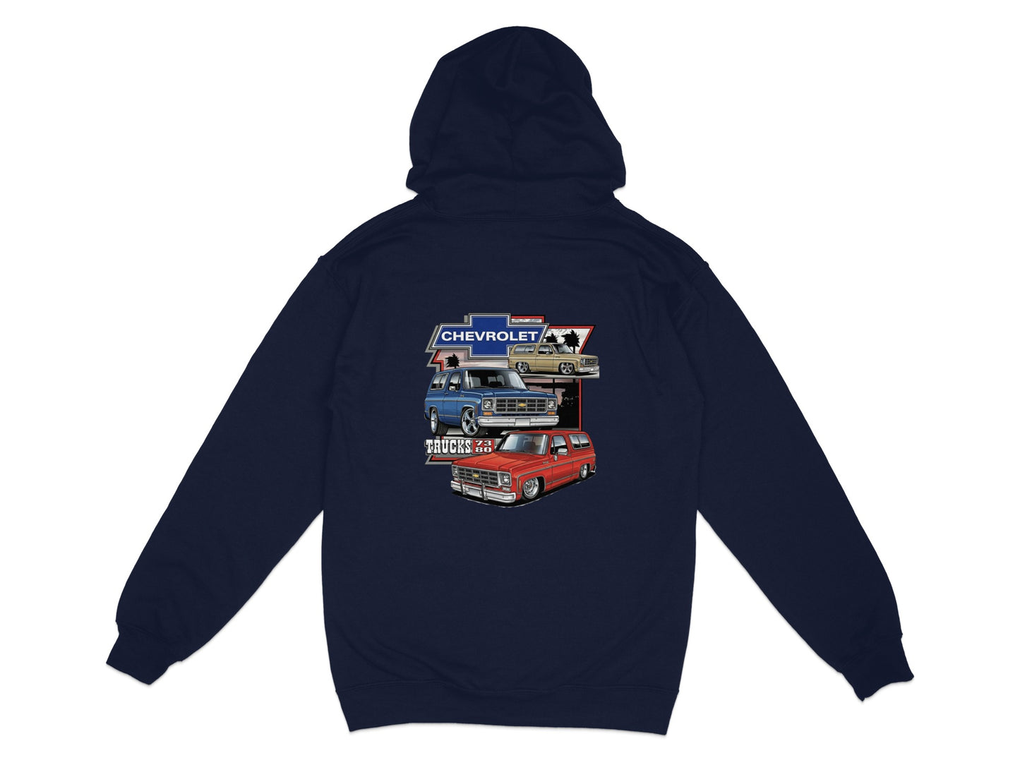 Navy hoodie featuring retro Chevrolet truck graphics.
